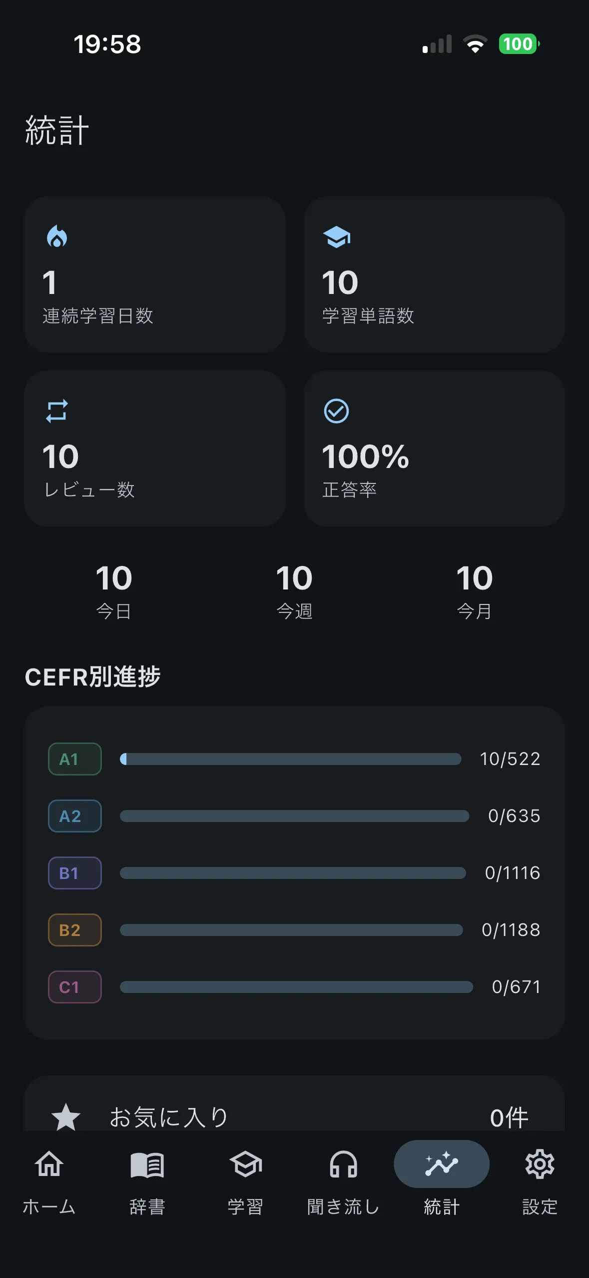 統計 — 連続日数・正答率・進捗で達成感を可視化。